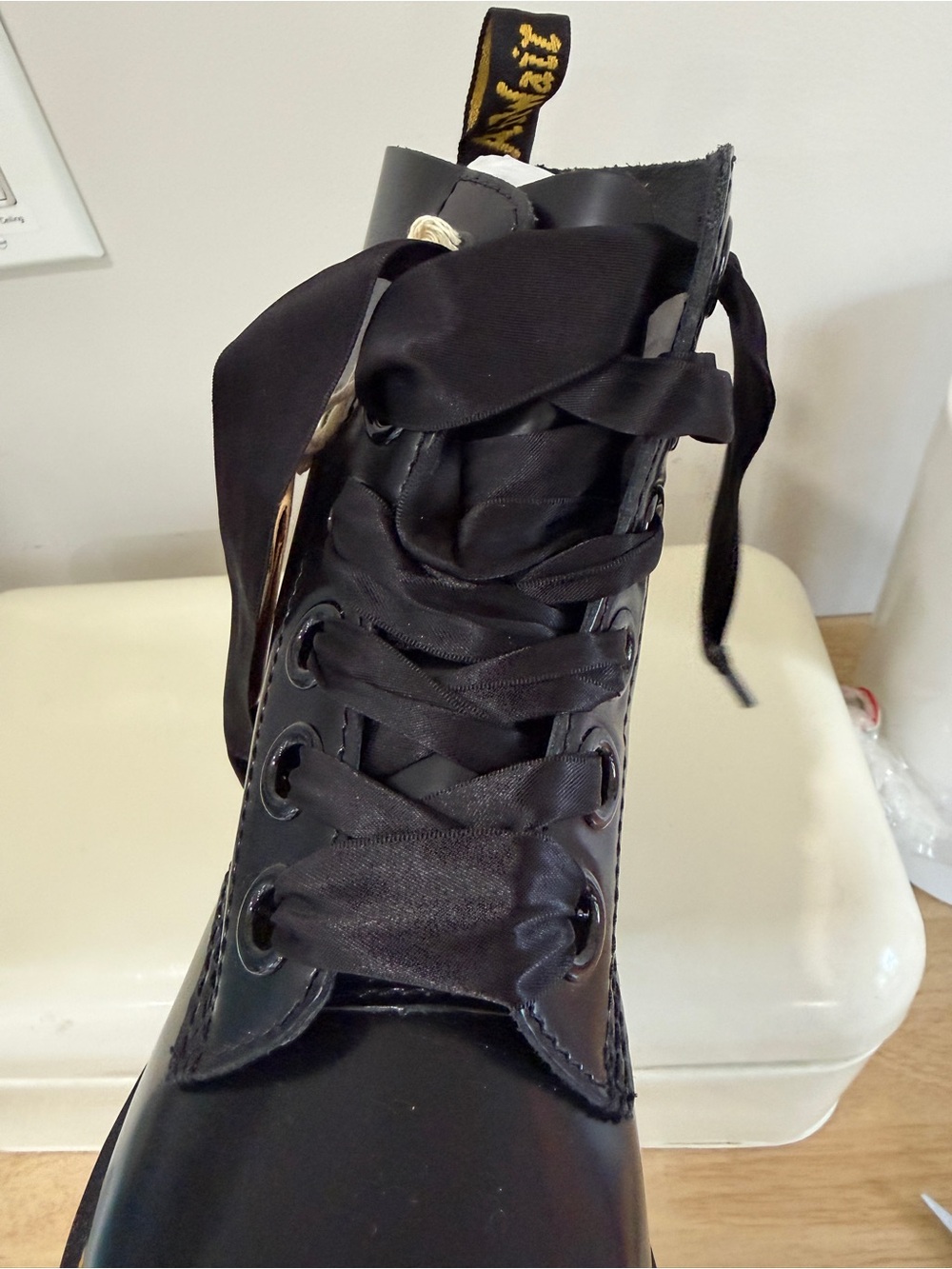 Dr. Martens Black Leather Platform Combat Boots with Yellow Stitching - Picture 5 of 7